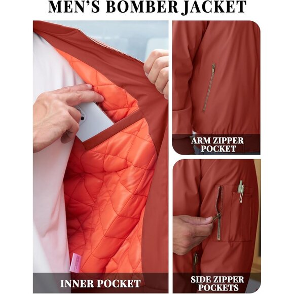 Tacvasen Mens Orange Red Bomber Winter Warm Padded Work Casual Windproof Jackets - Picture 4 of 6